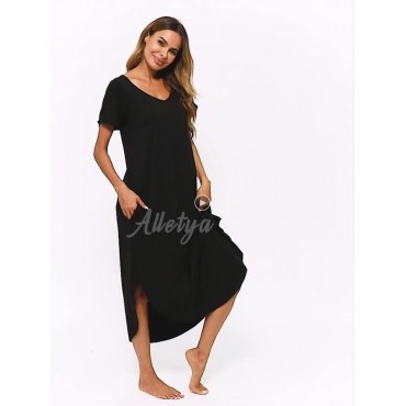 Alletya Women's Casual Night Dress V Neck Long Night Shirt Short Sleeve Nightgown Cotton Sleep Shirt Sleepwear Pajama S-XXL
