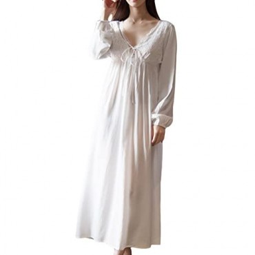 Asherbaby Women's Long Short Sleeve Vintage Lace V Neck Nightgown Cotton Sleepwear
