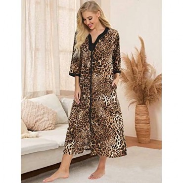 Bloggerlove House Dresses for Womens Robe Long Zip Up House Coat Half Sleeve Night Gowns Comfy Sleepwear Print Loungewear