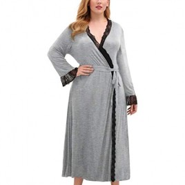 Celkuser Women's Plus Size Nightgown Lace Self Belted Nightdress Long Sleeve Loungewear Casual Soft Knit Maxi Robe CEL102