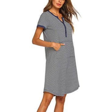 Ekouaer Nightgown Womens Striped Nightshirt Short Sleeve Sleepwear Top Button Down Sleepshirt Nightdress