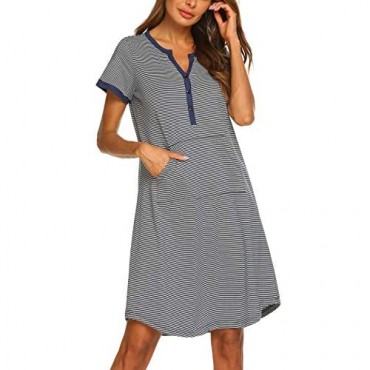 Ekouaer Nightgown Womens Striped Nightshirt Short Sleeve Sleepwear Top Button Down Sleepshirt Nightdress