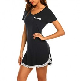 Ekouaer Nightgowns for Womens Sexy Sleep Shirt Dress V Neck Short Sleeve Lace Trim Soft Short Night Shirts XS-3XL