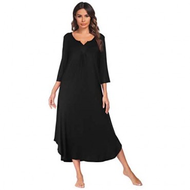Ekouaer Nightgowns Long 3/4 Sleeve Lounge Dress Women Plus Size Loungewear V neck loose Full Length maxi Sleepshirt