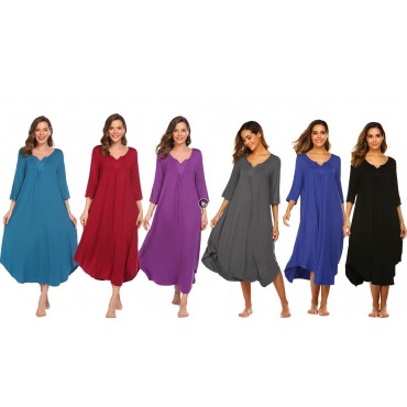 Ekouaer Nightgowns Long 3/4 Sleeve Lounge Dress Women Plus Size Loungewear V neck loose Full Length maxi Sleepshirt