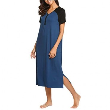 Ekouaer Women Long Nightgown Short Sleeve Sleepshirt Button Up Sleepwear Casual Henley Lounge Dress with Pockets