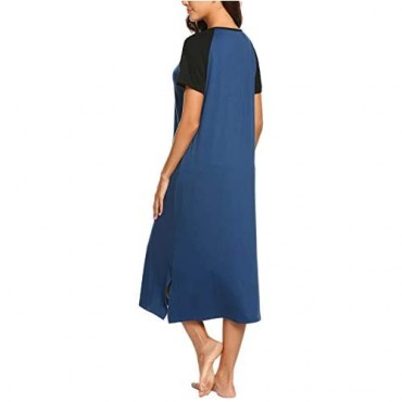 Ekouaer Women Long Nightgown Short Sleeve Sleepshirt Button Up Sleepwear Casual Henley Lounge Dress with Pockets
