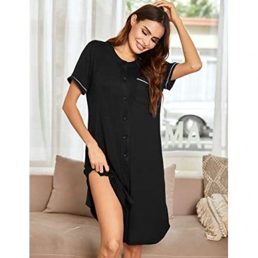 Ekouaer Womens Nightgown Button Down Nightshirt Short Sleeve Pajama Dress with Pocket Sleepwear S-XXL