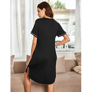 Ekouaer Womens Nightgown Button Down Nightshirt Short Sleeve Pajama Dress with Pocket Sleepwear S-XXL