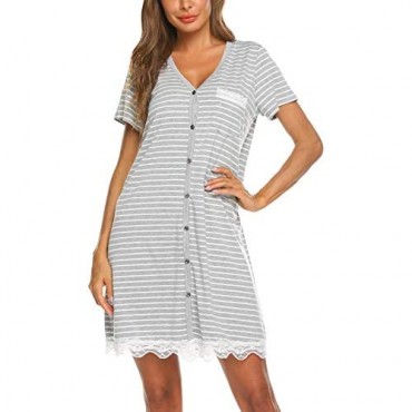 Ekouaer Women's Nightgown Striped Tee Short Sleeve Sleep Nightshirt Breastfeeding Loungewear Button Down Pajama Dress S-XXXL