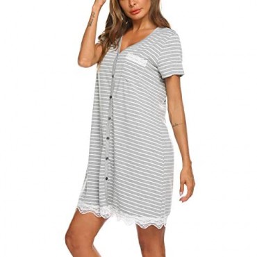 Ekouaer Women's Nightgown Striped Tee Short Sleeve Sleep Nightshirt Breastfeeding Loungewear Button Down Pajama Dress S-XXXL