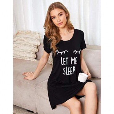 Hotouch Night Shirts Womens Nightgowns Cute Round Neck Short Sleeve Printed Sleep Shirts Soft Sleepwear XS-XXL