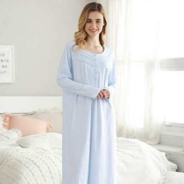 Keyocean Nightgowns for Women 100% Cotton Soft Lightweight Long-Sleeve Ladies Sleeping-Gown for Home Hospital