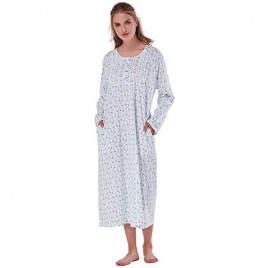 Keyocean Nightgowns for Women  100% Cotton Soft Lightweight Long Sleeve Nightdress with Pockets