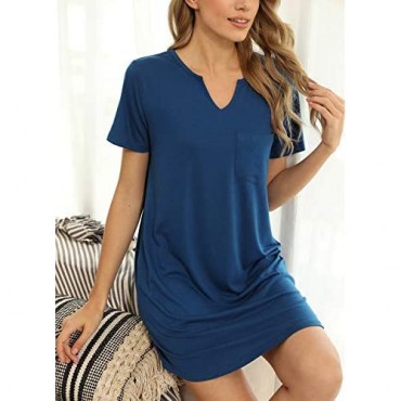 KIKIBERRY Women's Nightshirt Short Sleeve Henley V Neck Nightgown Sleepwear Pajamas Midi Dress