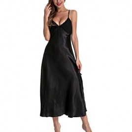Lu's Chic Women's Satin Nightgown Dress Silk Lace Sleeveless Long Chemise Lingerie Sleepwear