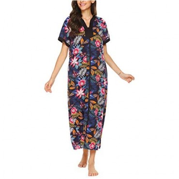 luxilooks House Dresses Womens Duster Housecoat Zip Front Robe Short Sleeve Nightgown Lightweight Bathrobes with Pockets