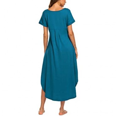 luxilooks Women's Long Nightgown Casual V Neck Loungewear Short Sleeve Sleepwear Nightshirts with Pockets S-XXL