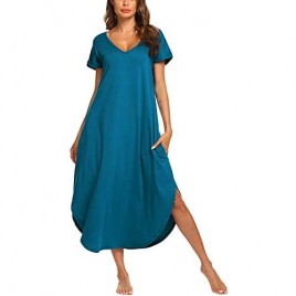 luxilooks Women's Long Nightgown Casual V Neck Loungewear Short Sleeve Sleepwear Nightshirts with Pockets S-XXL