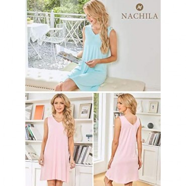 NACHILA Women's Nightgown Sleeveless Night Shirt Bamboo Sleep Dress Satin V Neck Loungewear S-4XLarge