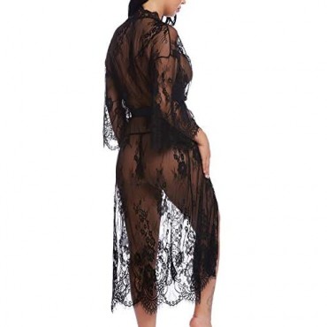 RSLOVE Women Lace Long Kimono Robe Sexy Babydoll Lingerie Eyelash Nightgown Cover Up Dress with Satin Belt