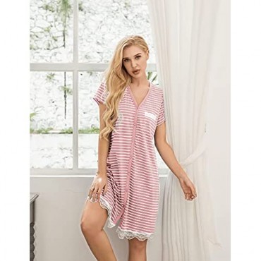 Sheshow Womens Nightgowns Striped Sleepshirts Short Sleeve Button Down Nightshirts Lace Trim Pajamas Dresses Soft Sleepwear