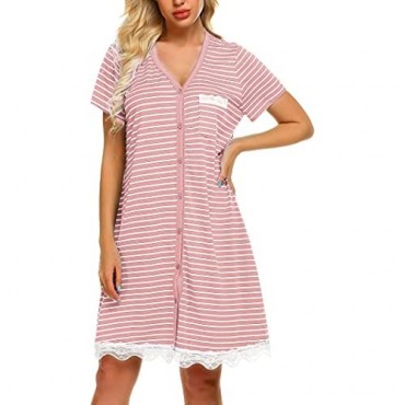 Sheshow Womens Nightgowns Striped Sleepshirts Short Sleeve Button Down Nightshirts Lace Trim Pajamas Dresses Soft Sleepwear