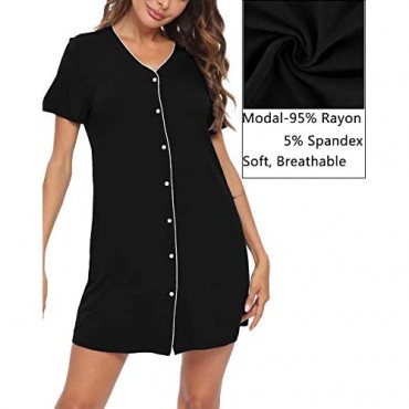 SWOMOG Women's Button Down Nightgown Short Sleeve Nightshirt V-Neck Sleepwear Boyfriend Sleepshirt Pajama Dress