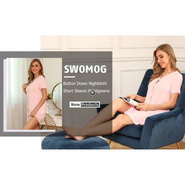 SWOMOG Women's Button Down Nightgown Short Sleeve Nightshirt V-Neck Sleepwear Boyfriend Sleepshirt Pajama Dress