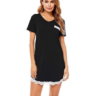 SWOMOG Womens Nightgown Short Sleeve Sleep Shirt Dress Sexy V Neck Lace Trim Soft Night Shirts
