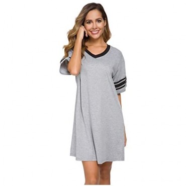 Vslarh Women's Nightgown Cotton Sleep Shirt V Neck Nightshirts Short Sleeve Loose Comfy Pajamas Dress Casual Sleepwear