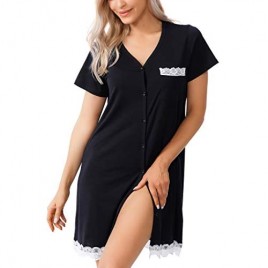 WoMear Womens Nightgowns Short Sleeve Button Down Nightshirts Striped Sleepshirts Lace Trim Pajamas Dresses XS-3XL
