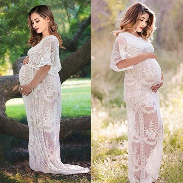 Women's Long Sleeve V Neck White Lace Floral Maternity Gown Maxi Photography Dress