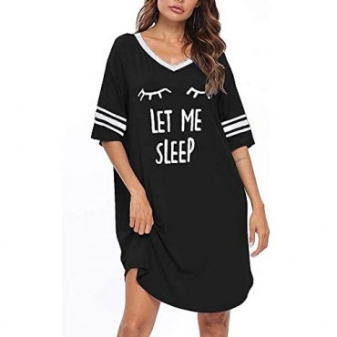 Women's Nightgown Short Sleeve Cotton Novelty Sleep Shirts V Neck Oversized Loose Nightshirts Cute Printed Nightdress