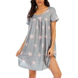 Womens Nightgown Short Sleeve Sleep Shirts Loose Pleated Scoopneck Sleepwear Nightshirt S-XXL