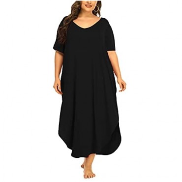 Womens Plus Size Nightgowns Sleepwear Short Long Sleeve Sleep Dress Night Gowns with Pockets