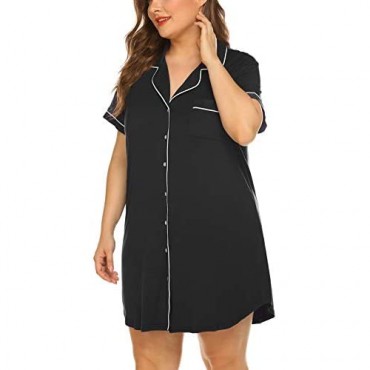 Womens Plus Size Sleep Shirt Short Sleeves Pajama Button Down Top Nightgown Boyfriend Night Shirt Sleepwear（16W-24W）