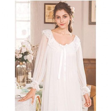 Women's Victorian Nightgown Long Sheer Vintage Nightdress Lace Lounge Sleepwear Mesh Cotton Pajamas