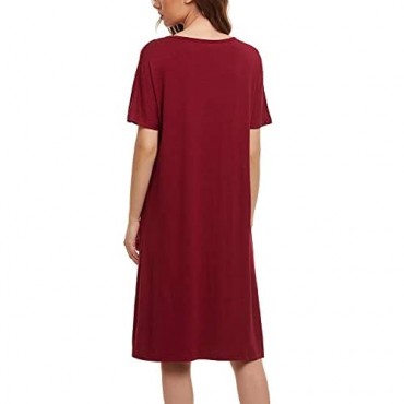 YYA Women Short Sleeve Nightgowns V Neck Sleepwear Night Shirts with Pockets Soft Sleepshirt S-3XL