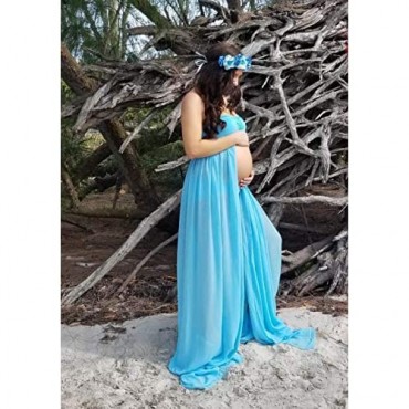 ZIUMUDY Maternity Chiffon Strapless Maxi Photography Dress Split Front Gown for Photoshoot