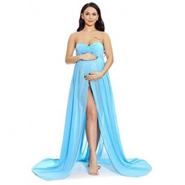 ZIUMUDY Maternity Chiffon Strapless Maxi Photography Dress Split Front Gown for Photoshoot