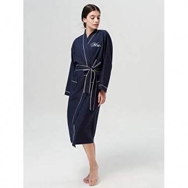 AW BRIDAL Womens Mens Waffle Robe Long Cotton Robes Kimono Spa Robes Unisex Wedding Gift Navy Mr and Mrs Robes for Couples Set 2PCS