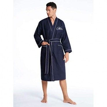 AW BRIDAL Womens Mens Waffle Robe Long Cotton Robes Kimono Spa Robes Unisex Wedding Gift Navy Mr and Mrs Robes for Couples Set 2PCS