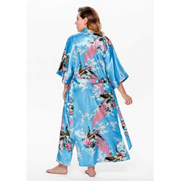 BABEYOND Women's Plus Size Kimono Robe Long Robes with Peacock and Blossoms Printed Plus Size Kimono Outfit