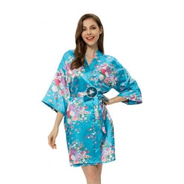 DITSONEO Womens Floral Robes Silk Satin Wrap Kimono Bathrobes Bridesmaid Wedding Party Lightweight Nightgown
