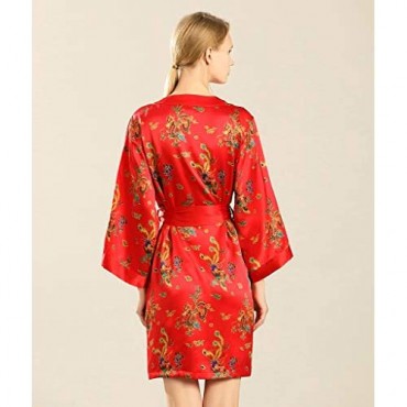 Dynasty Robes 100% Silk Women's Short Printed Red Robe with Kimono Collar