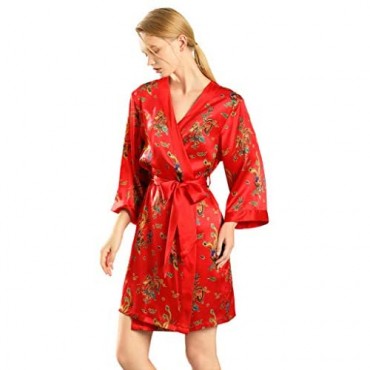 Dynasty Robes 100% Silk Women's Short Printed Red Robe with Kimono Collar
