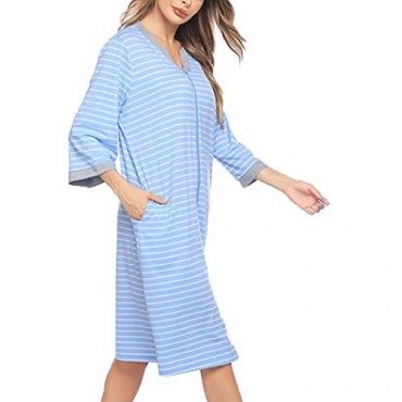 Ekouaer Women Zipper Nightgown 3/4 Sleeve Nightdress Short Striped Nightshirts with Pocket
