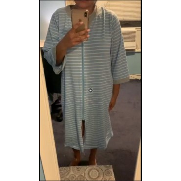 Ekouaer Women Zipper Nightgown 3/4 Sleeve Nightdress Short Striped Nightshirts with Pocket