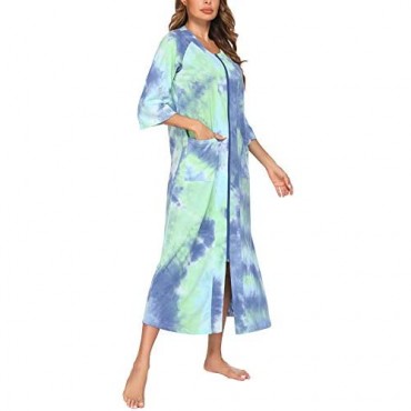 Ekouaer Women Zipper Robes Full Length Nightgowns Cotton Loose Housecoat Half & 3/4 Sleeve Loungewear with Pockets S-XXL